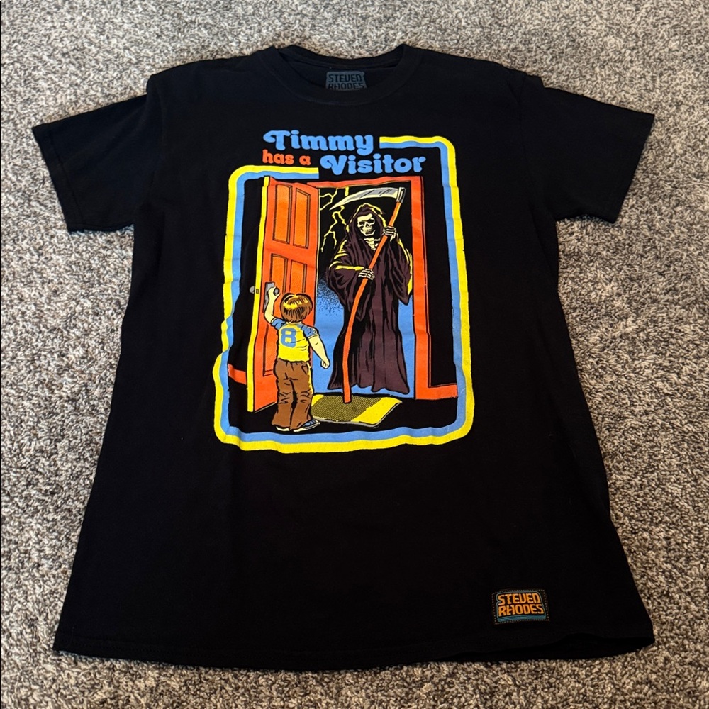 Steven Rhodes “Timmy Has a Visitor” Funny T-Shirt Spencer’s Dark Humor Sarcastic